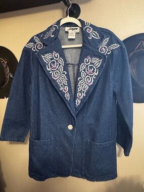 Vintage Embroidered Dark Blue Denim Jacket with Purple Accents - Women